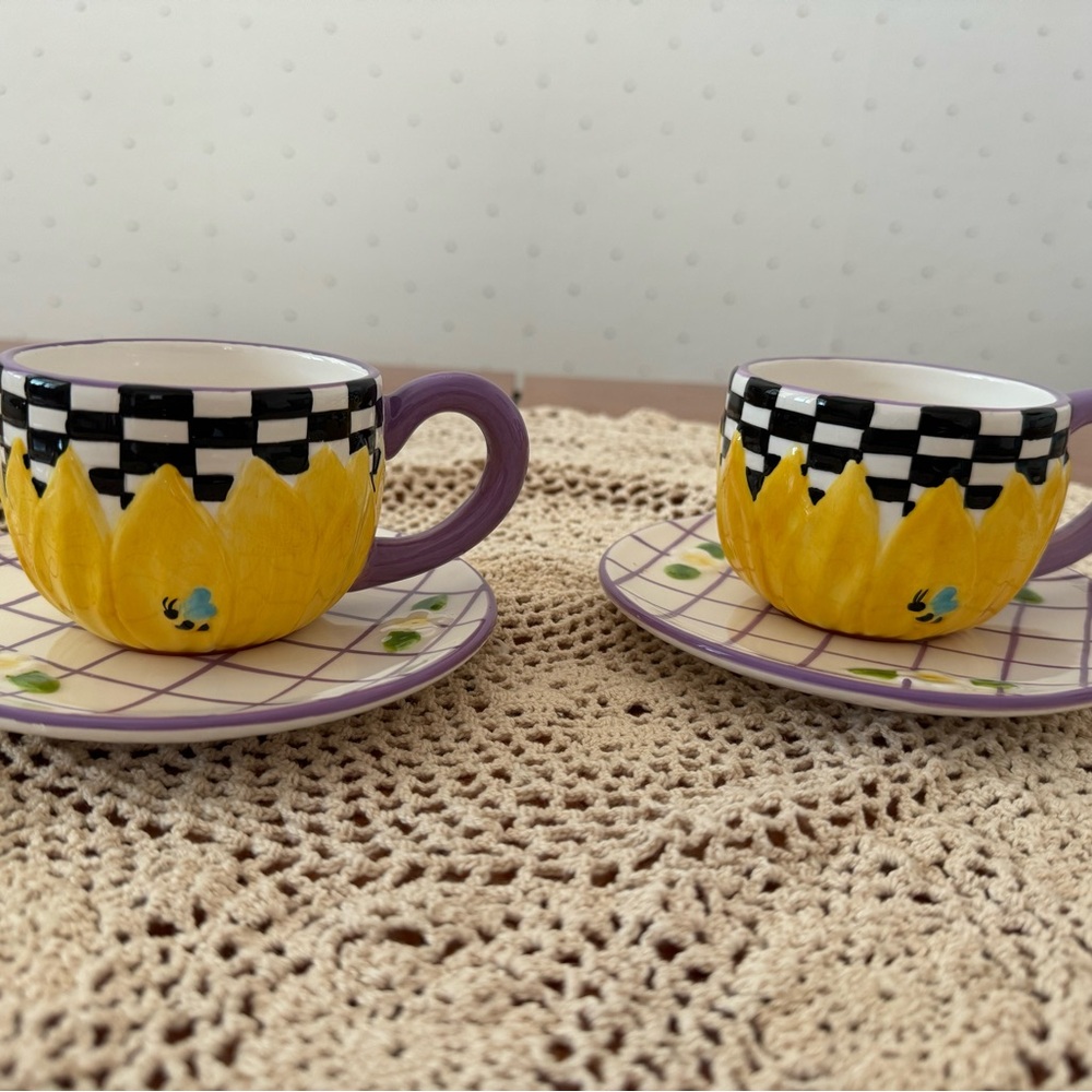 Sweet Pair of Dantes- Hand-crafted & Hand Painted Tea/Coffee Cups With Saucers .